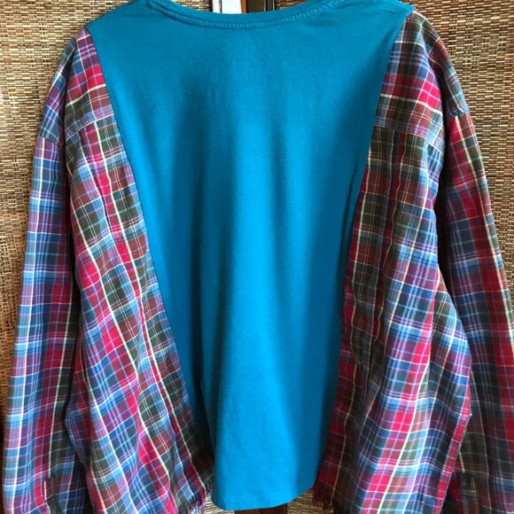Flannel Shirt Upcycle, Size L-2XL: Reworked Oversized Mountain Camping Graphic - Picture 9 of 12